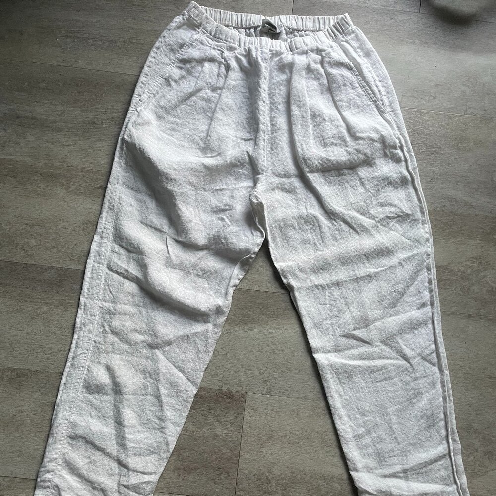 Eileen Fisher Petite White Linen Wide Leg Elastic Waist Pants